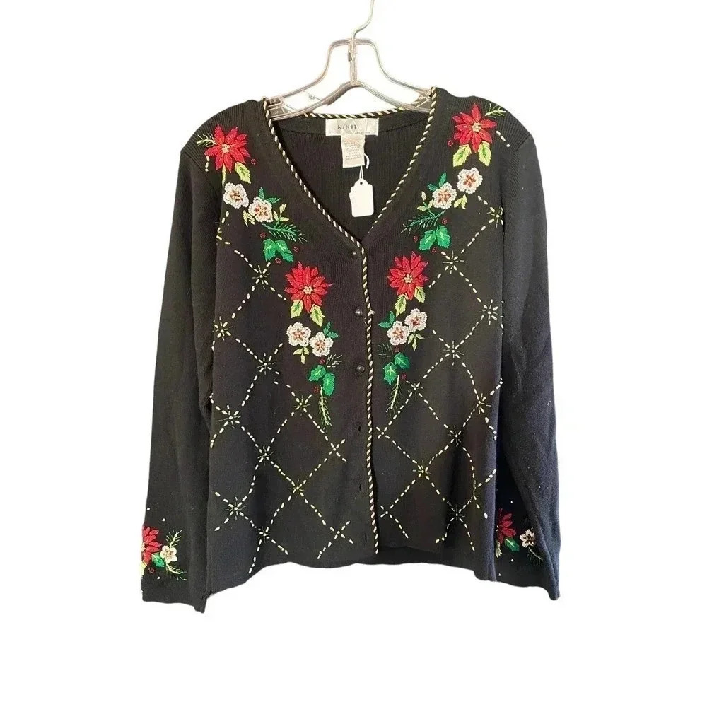 Kikit Women's Beaded Sequin Knit Cardigan Ugly Christmas Sweater Size Small - Picture 1 of 6
